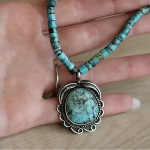 Vintage Signed Faux Turquoise and Sterling (?) Silver Heishi Necklace Navajo
